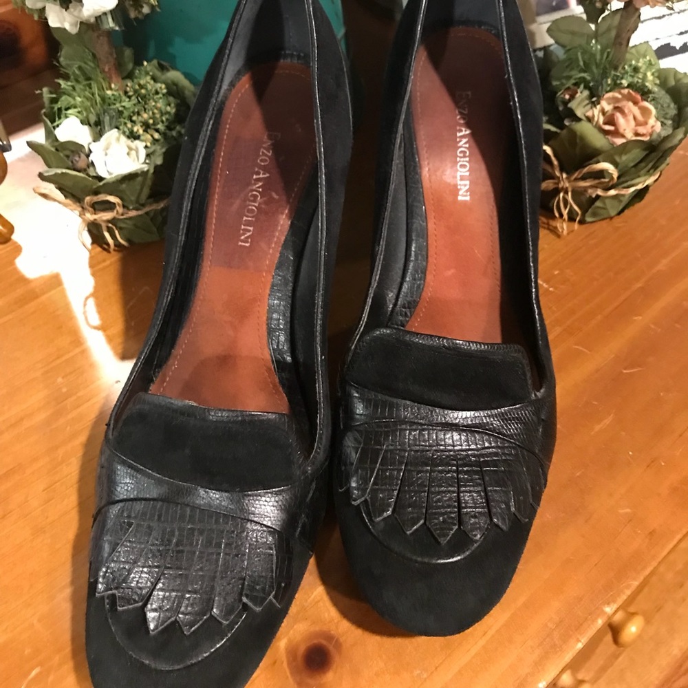Black loafer style leather and suede 3” heels